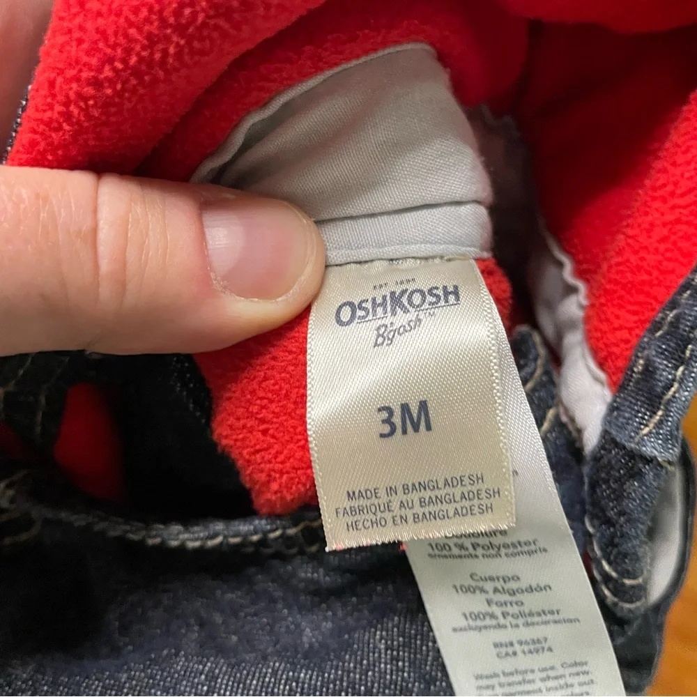 OshKosh B'gosh Dark Blue Denim Overalls with Red Fleece Lining Size 3 Months